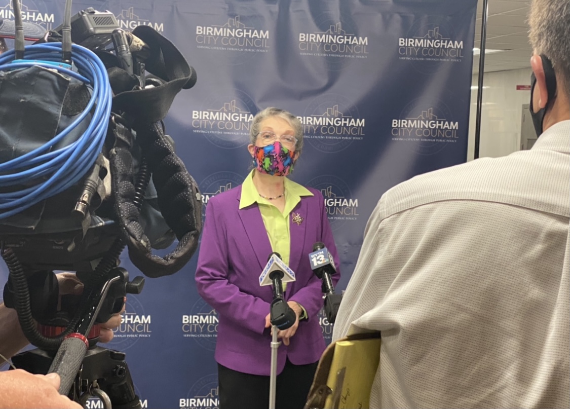 Councilor Valerie Abbott (D3) speaks to the media about the budget