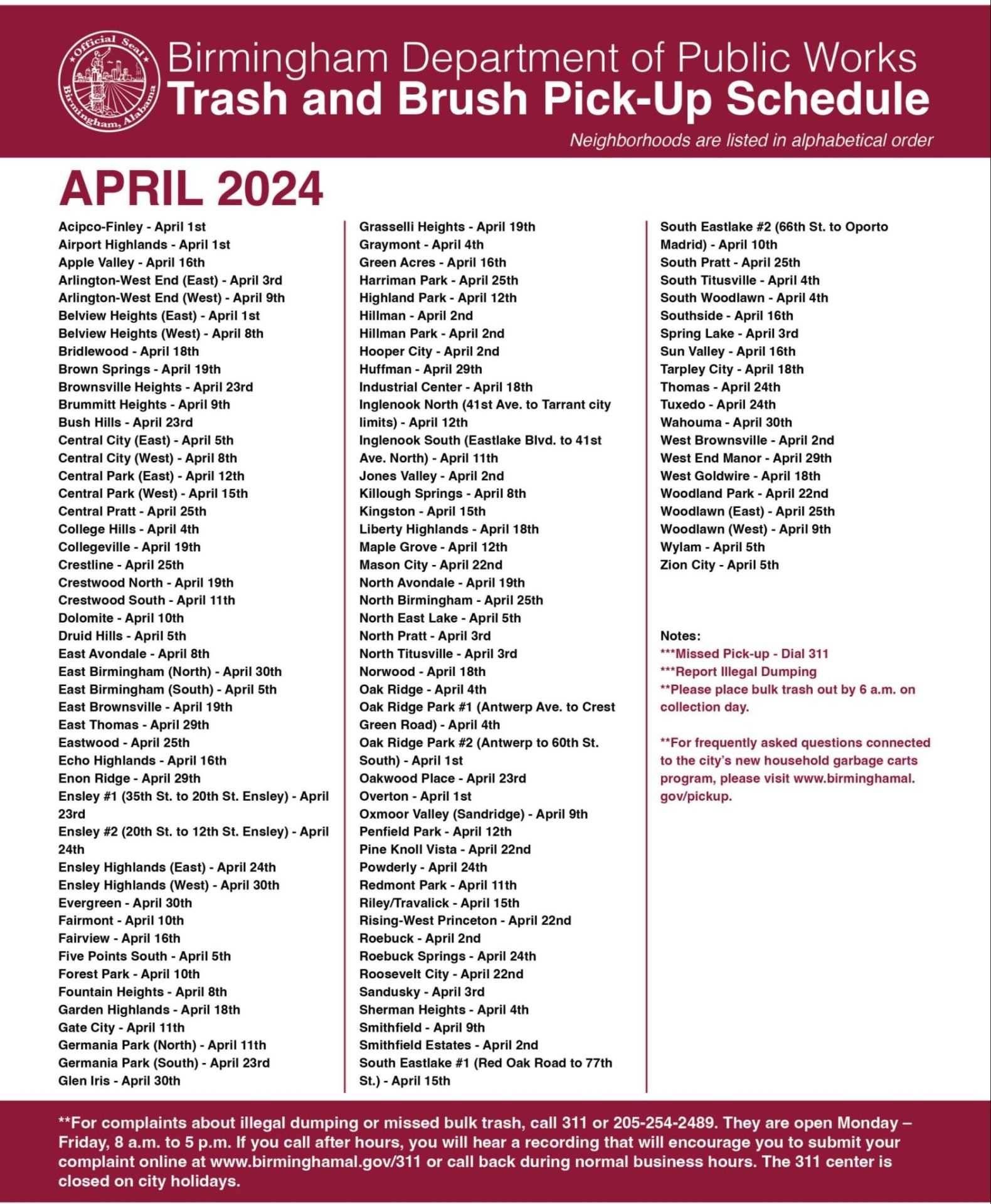 April 2024 Bulk Trash and Limbs PickUp Schedule CONTINUED The